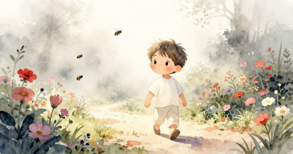 米洛在晨霧中沿著花園小徑漫步，臉上帶著愉悅表情，蜜蜂圍繞著色彩斑斕的花朵，陽光柔和。