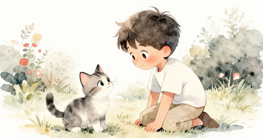 米洛蹲下細心解開小貓被線圈困住的小爪子，陽光在環繞的線圈上流露微光，小貓驚訝又期待。