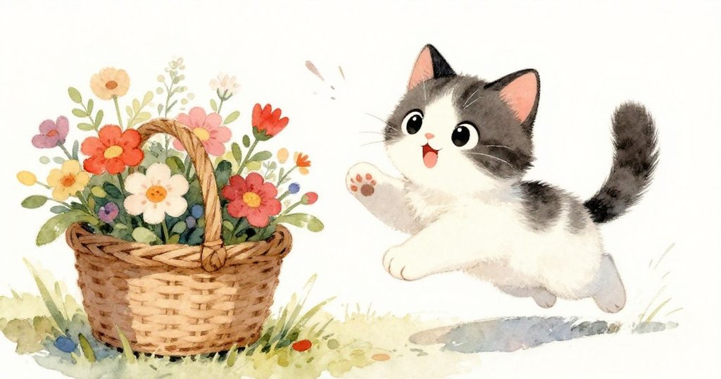 小貓快活地向裝滿鮮花的籃子跳躍，從貓咪視角看到花朵與飄落花瓣，展現活潑與期待。