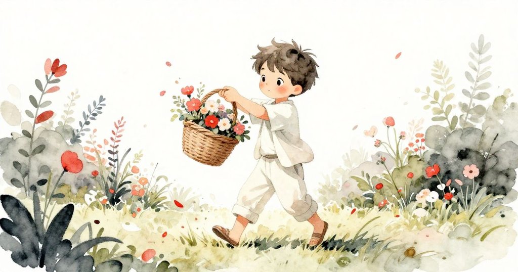 米洛在花園中抬起籃子邊緣，花瓣隨風漂落繞著鞋子飛舞，展現出花園生機與動感。