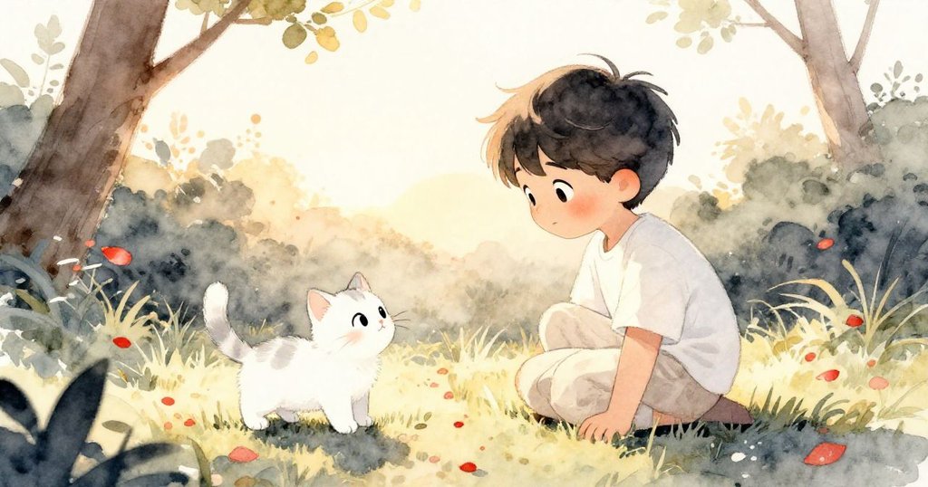 夕陽餘暉下，米洛滿足地看著小貓在花瓣堆中探索，溫暖光線灑落花園，呈現出寧靜結局。