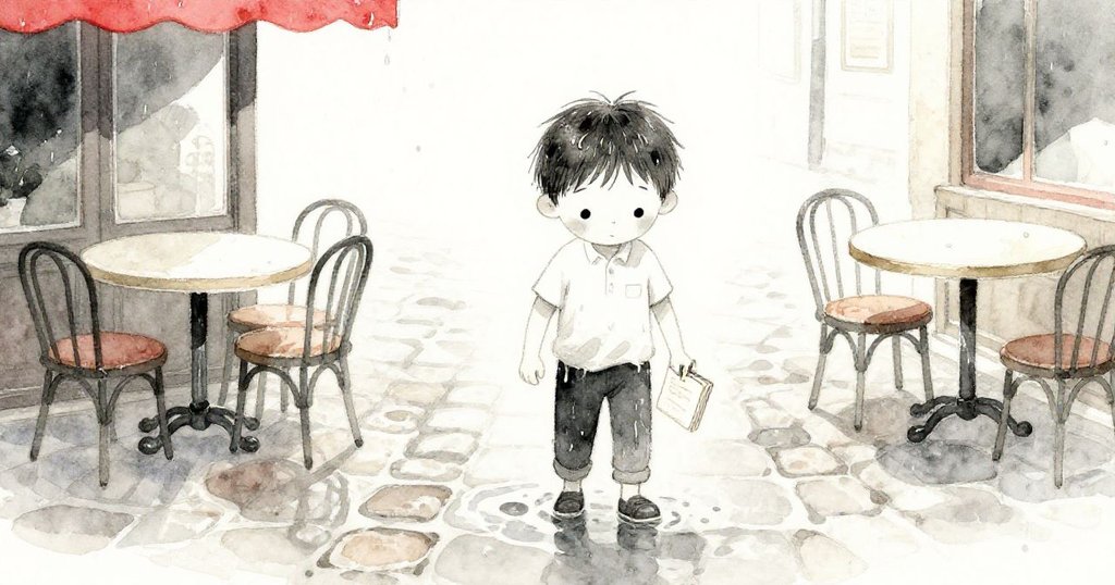 Milo 踏入雨後濕潤的廣場，石板路和舊咖啡桌散發著朦朧光影，他滿懷期待與好奇走向場景中央。