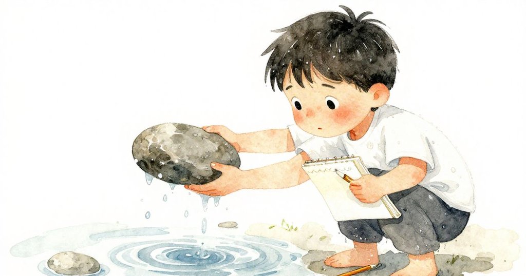 Milo 膝上動作專注，雙手調整平石擋水，身邊擺放著畫冊和鉛筆，表情專注認真。