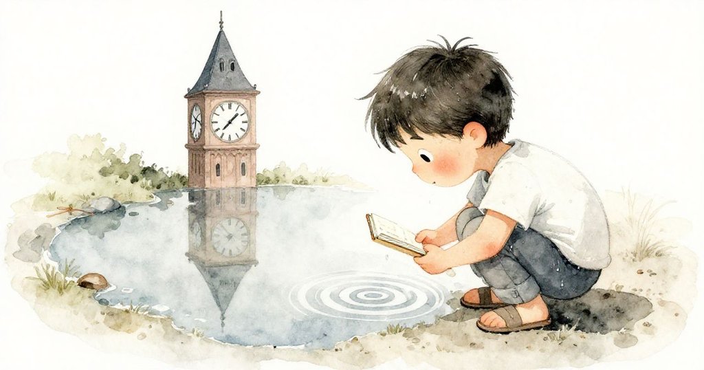 Milo 蹲於濕潤廣場，倒映中時鐘塔透過水面呈現扭曲裂痕，水波漣漪增添神秘氛圍。