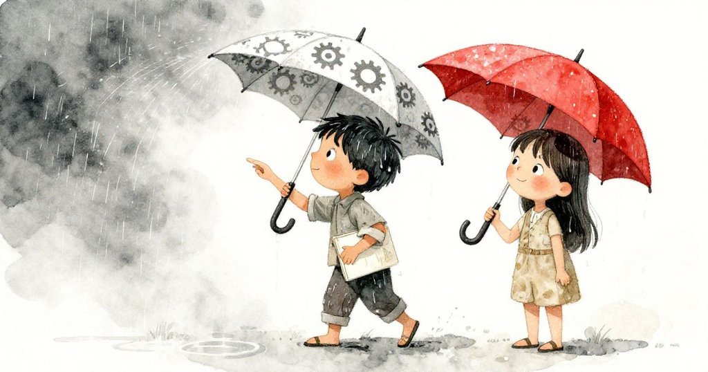 Lila 握著齒輪圖案雨傘引導地面水流，Milo在旁點頭，隨著日光逐漸明亮，雨後氣氛轉暖。