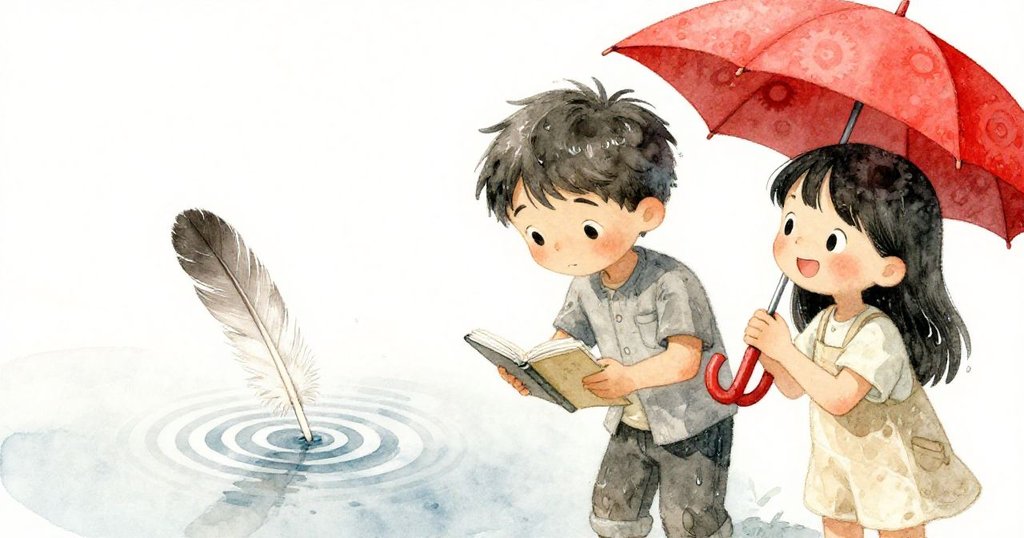 羽毛輕觸水面激起同心圓，Milo急按畫冊記錄瞬間，Lila注視中流露出驚奇，廣場氣氛凝固。