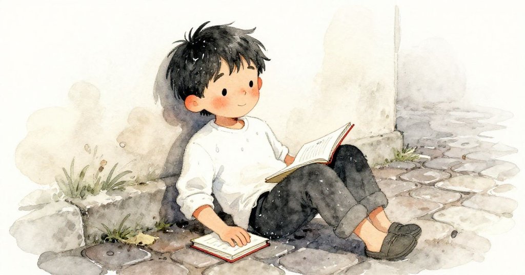 黃昏時Milo 靜坐於濕潤石板旁休憩，臉上展現滿足與寧靜，回味剛才奇妙瞬間，場景溫暖靜謐。