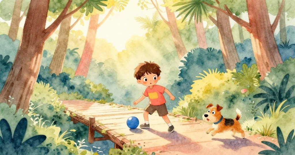 傍晨時分，Jess在森林木橋上玩球，Milo伴隨左右，環境清新、充滿希望與冒險感。