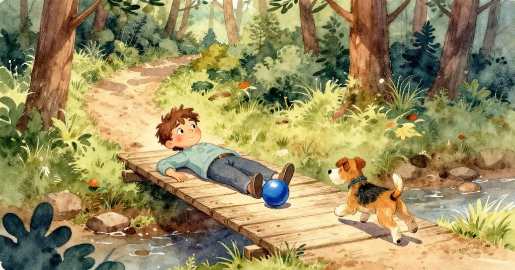 從Milo的視角看，球靠近鐵絲圍欄和窪水，地面濕潤，營造出活潑與好奇的冒險感。