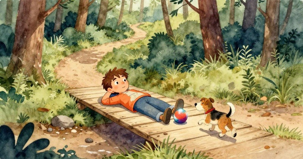 森林小徑穿越矮灌木，空氣中充滿松樹香味與露珠光影，環境細節生動鮮明。