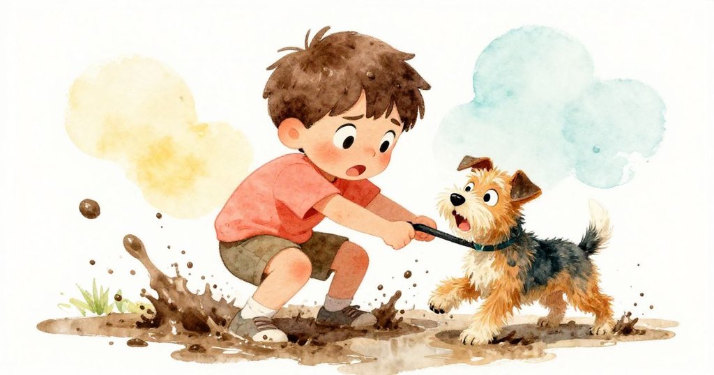 Jess在泥濘中蹲下努力追球，Milo拉扯他，臉上流露著堅持與挫折感，突顯出情緒波動。