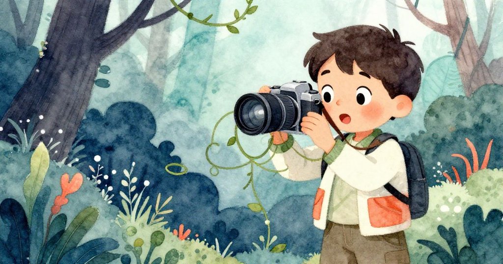 年輕攝影師蹲下準備拍攝時發現纏住相機帶的藤蔓，神情驚訝，展現故事發展中的突發狀況。