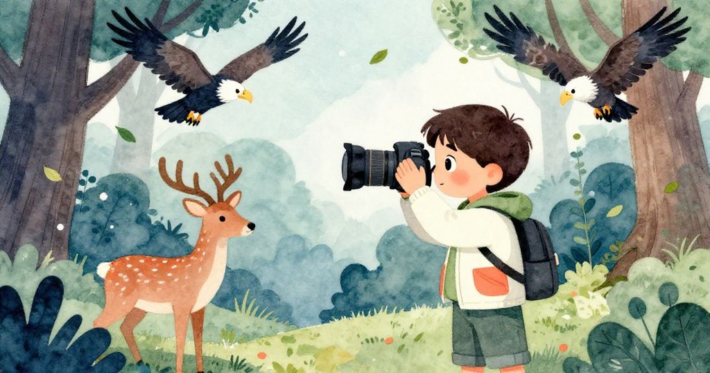 攝影師堅定按下快門，鹿與禿鷹在落葉中互動，呈現故事高潮中的和諧生態場景。