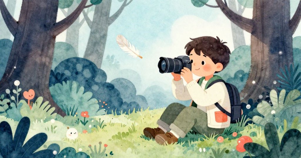 攝影師於森林空地靜坐反思，輕柔羽毛飄過場景呈現故事結尾的寧靜與滿足。