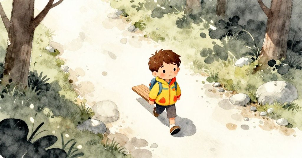 米洛持著木板沿著充滿晨光的森林小徑行走，從空中俯瞰整個綠意盎然的環境，充滿冒險氣息。