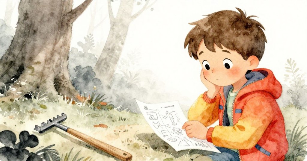 米洛仔細檢視紙上計畫、金屬耙及木板，工具細節清晰展現於溫柔光線中的森林地面，籌劃下一步冒險。