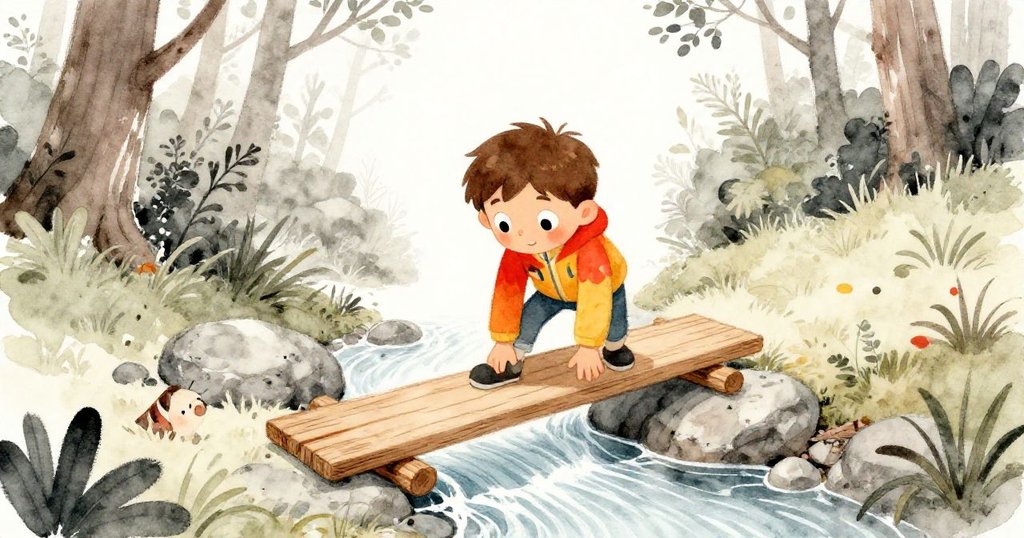 米洛從高處俯視，專注將木板放置於覆石溪流上，展現出面對挑戰的決心與細膩環境。