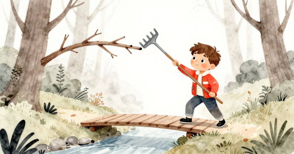 米洛靈巧舉起金屬耙帶動長樹枝延伸橋樑，森林中金色光線映照，展現解決困難的創新精神。