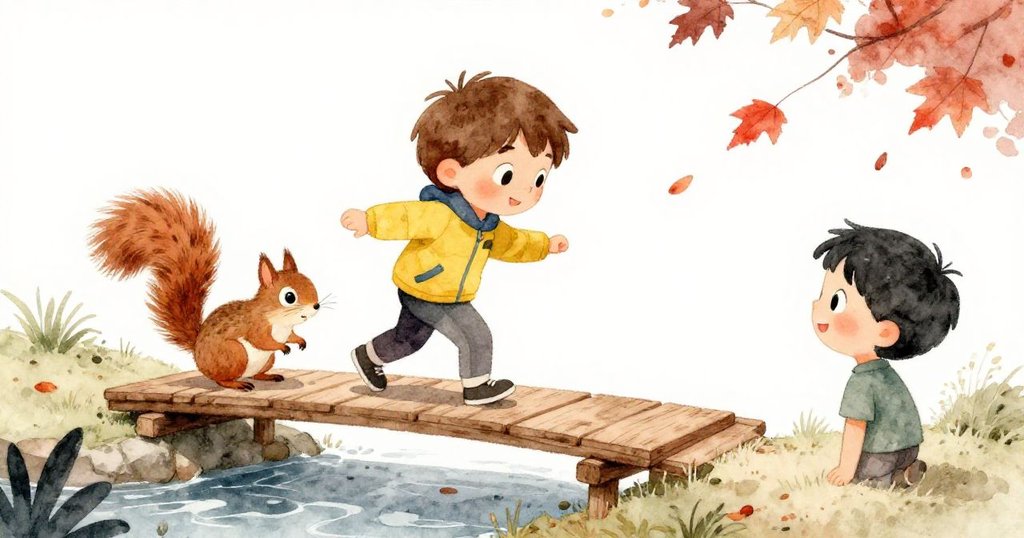 好奇的小松鼠輕巧地跳上新搭橋樑，米洛在背後滿懷喜悅，秋日落葉飄飛創造出慶祝成功溫馨瞬間。