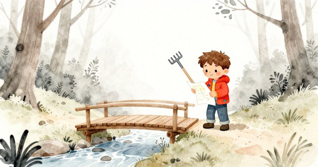 米洛整齊折好紙上計畫並收納金屬耙，站在新搭建橋樑前展望未來冒險，寬闊森林散發著希望與成就感。