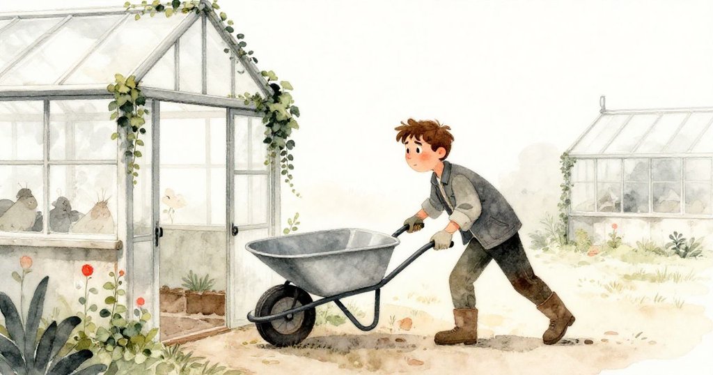 加倫在溫室前用力推著手推車,藤蔓纏繞牆面,晨光微灑,神情堅定,展開了一天的勞作。