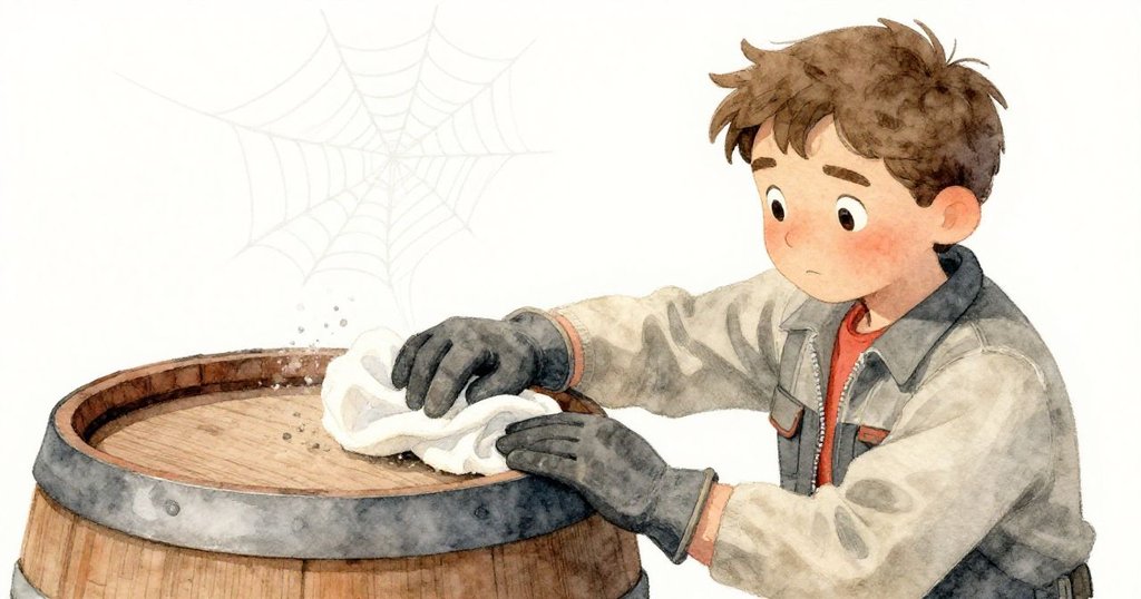 加倫戴手套的手正在仔細清理桶邊塵埃,細微蜘蛛網破碎飛散,展現工作時的專注與細節。