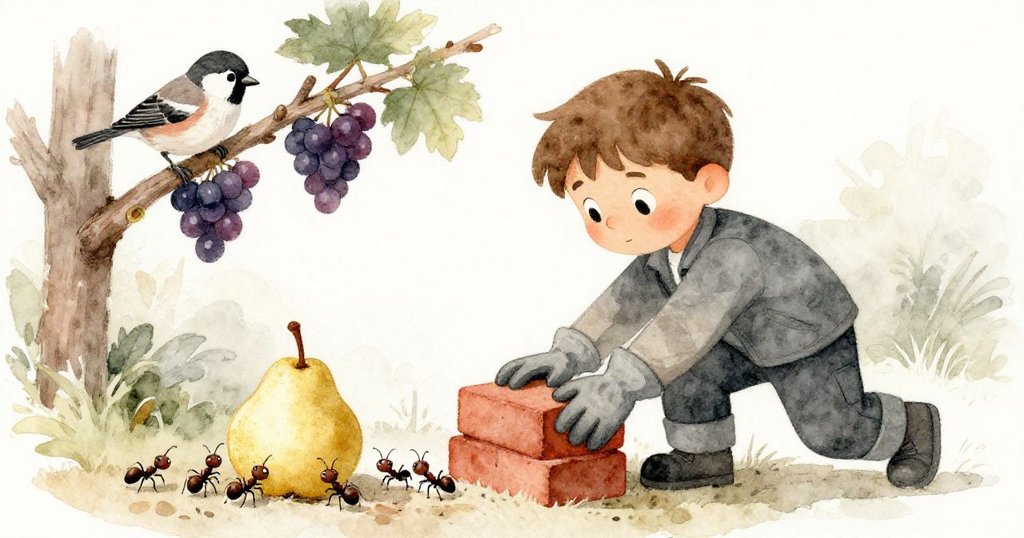 加倫移動磚塊露出螞蟻忙碌行進與半埋梨子,葡萄架上雀鳥好奇環視,層次分明呈現自然與勞作。