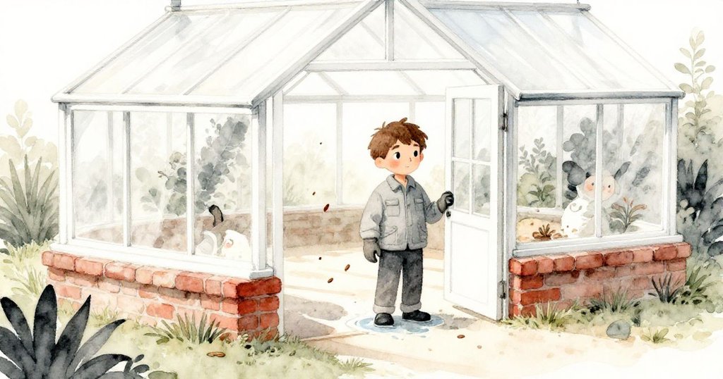 加倫站在庭院中,用磚支撐敞開的溫室門,水泊與種子漂移於步道上,柔和陽光中故事落幕。