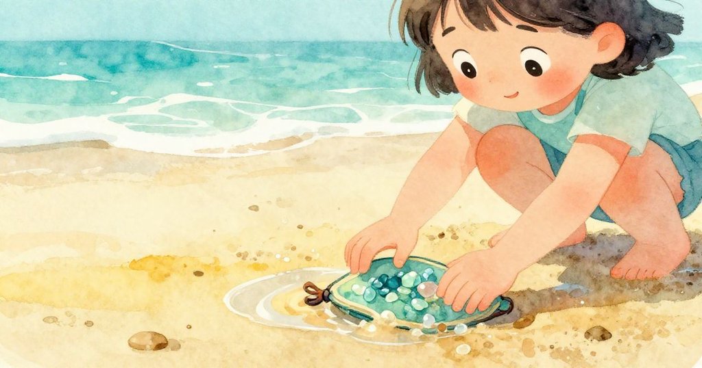 妮婭彎腰在濕潤沙灘上搜尋海玻璃,小袋隱隱發光,手部動作細膩展現專注與期待。