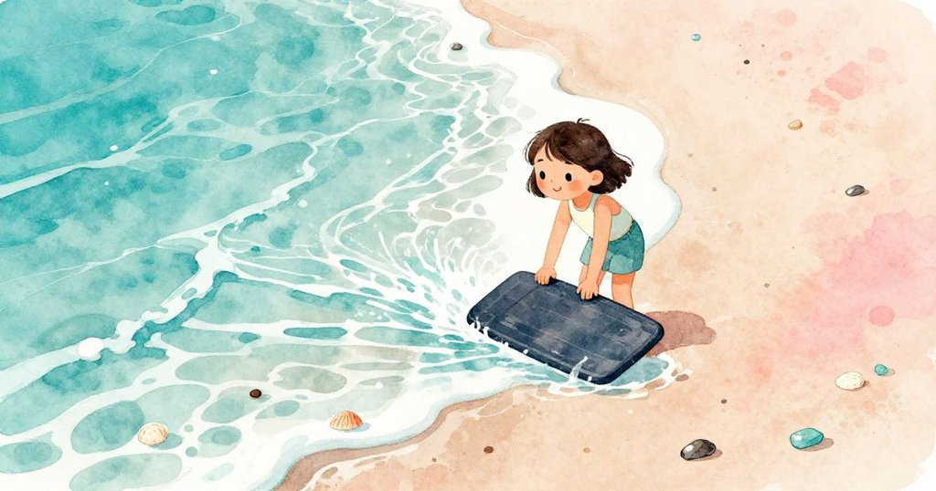 從高處俯瞰海灘,妮婭穩固木板引導潮水,清晰見到漂浮的貝殼及海玻璃,展現堅定與智慧。