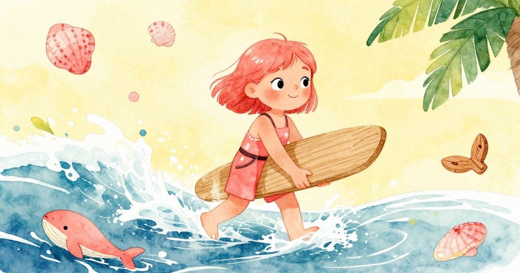 妮婭奮力撐住木板控制湍急潮水,水流推動沙粒、碎殼和飄動的海帶,角鯨雕刻品隨風滾動,場景充滿動感。