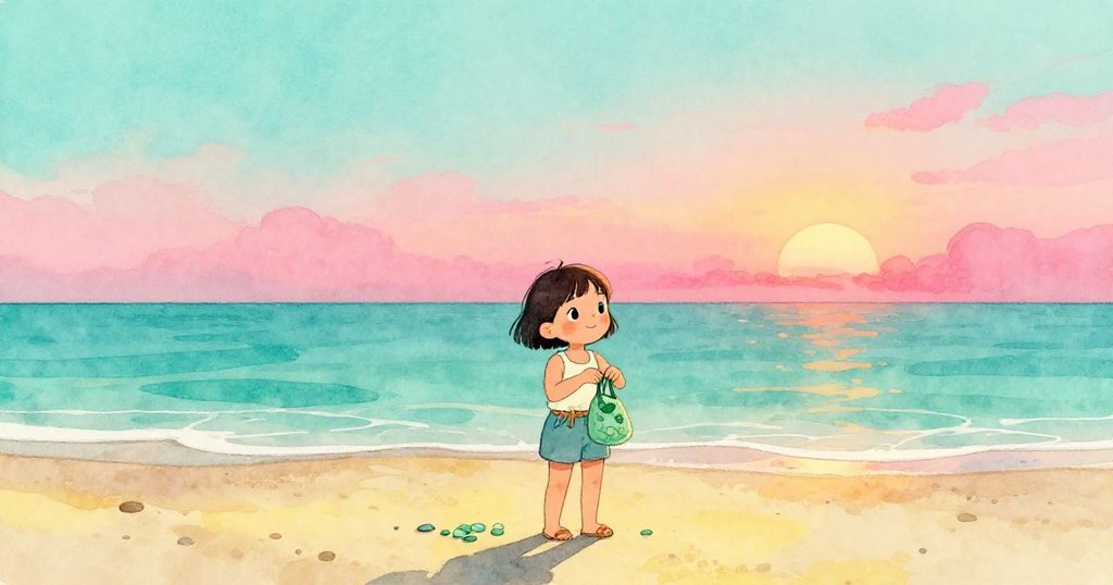 潮水退去,妮婭將綠色海玻璃收進小袋,面帶滿足笑容站在開闊海灘上,預示著新的冒險與希望。