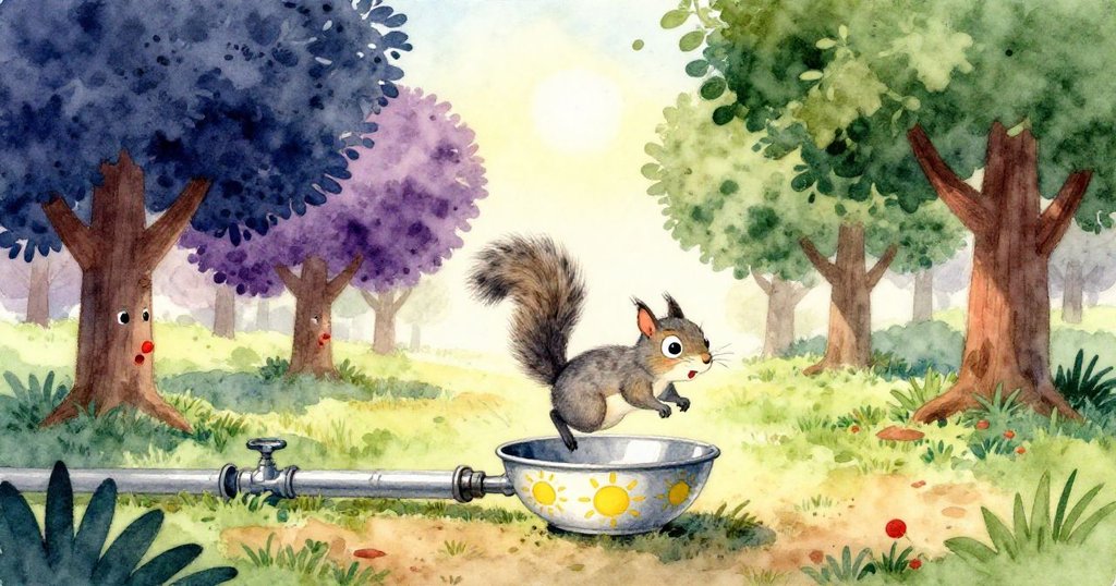 小灰松鼠在果園清晨跳向金屬碗,灌溉管和樹木環繞,充滿活力與期待,展開冒險之旅。