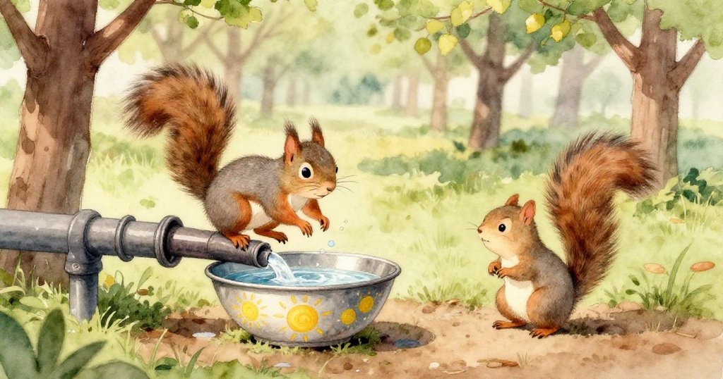 小灰松鼠動作後,金屬碗傾斜水流飛揚,落葉細塵相映成趣,展現自然微妙均衡與魅力。