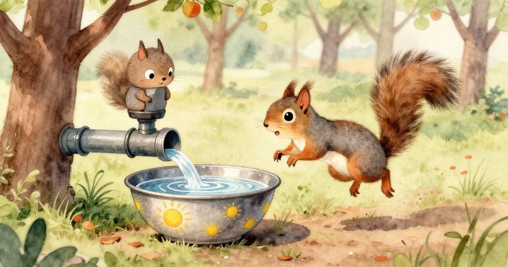 透過露水窗戶看見水流穿落葉,蘋果樹根旁塑膠科學家玩偶因水輕推而旋轉,充滿奇幻探索情懷。