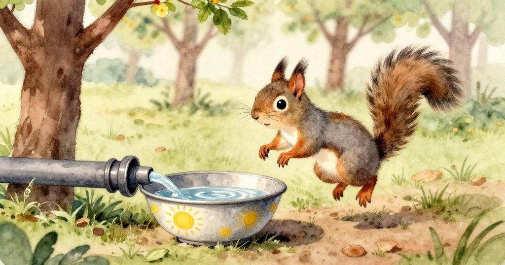 秋季中水流加速下滑撞擊塑膠科學家玩偶,落葉隨風旋舞,畫面動感詩意,充滿季節味道。