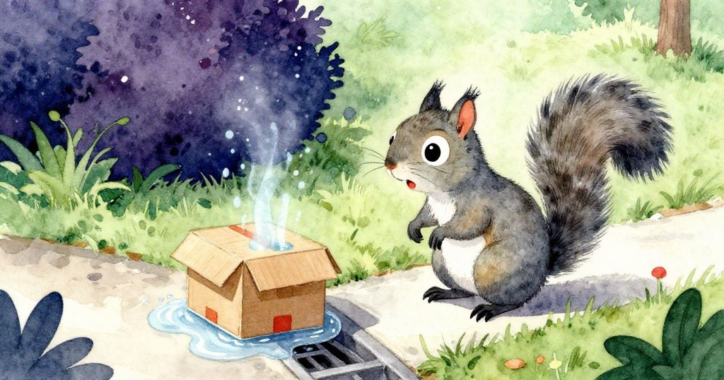 小灰松鼠站於上升水流與堵塞排水口間,凝神思考,決定如何面對冒險挑戰,神情堅定而充滿期待。