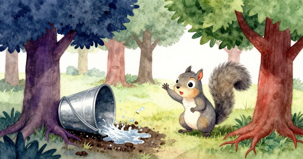 小灰松鼠回頭揮爪告別果園,空桶改變水流,水流蜿蜒入暗土,樹根環繞,情景溫馨卻略帶不捨。