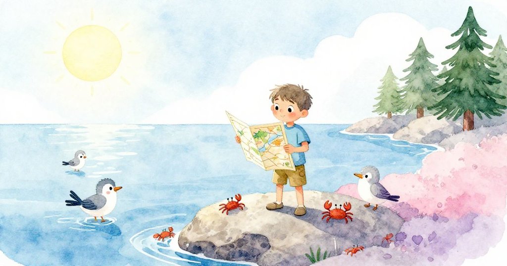 米洛站在岩石上展開地圖，身旁有小鳥與螃蟹陪伴，陽光灑下，他充滿好奇與期待，場景充滿自然生機與溫暖。