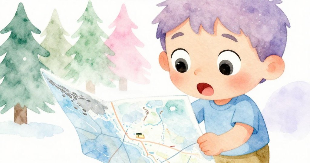 米洛近距離展現驚訝眼神，凝望著迎風飄動的地圖，臉上流露出驚喜與專注，背景中隱現海景與岩石。