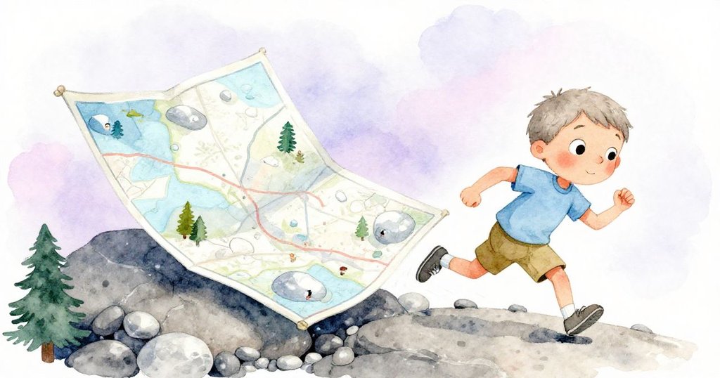 米洛追趕在風中翻飛的地圖，地圖於灰色鵝卵石上旋轉，動態視角展現奔跑的緊張與期待，充滿活力。