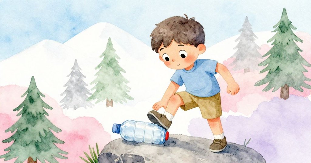 米洛用鞋果斷踩住滾動的水瓶，神情堅定，背景岩石與水面交織出動感氛圍，突顯他決斷的瞬間。