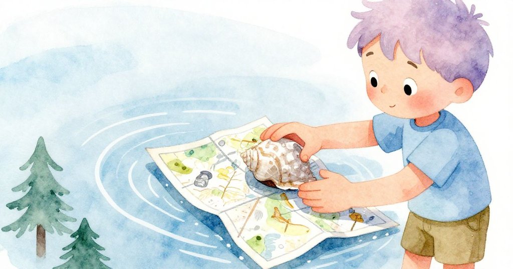 米洛細心折疊被水濕透的地圖，壓上一枚沉重海螺，水波漣漪中展現溫柔平靜的結局，故事逐漸落幕。