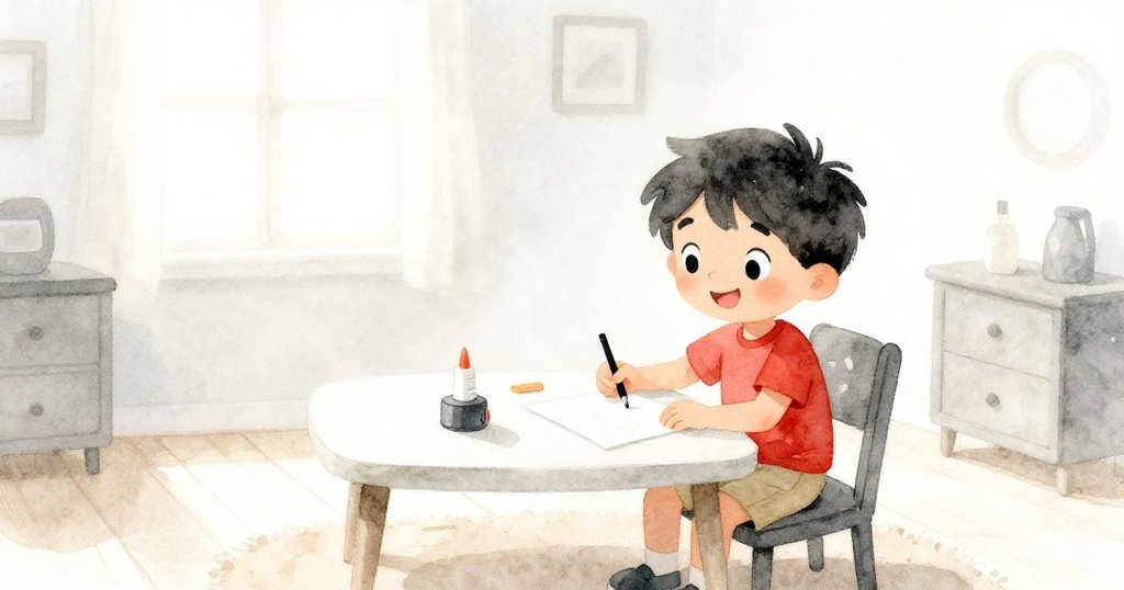 米洛在明亮房間裡，坐在桌旁忙著準備手工，窗外溫柔晨霧襯托下，他臉上充滿期待與喜悅。