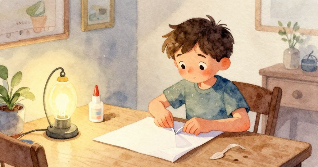 米洛仔細摺著紙張，手部特寫顯示出他專注與創意的動作，溫暖光線襯托出紙張的紋理。