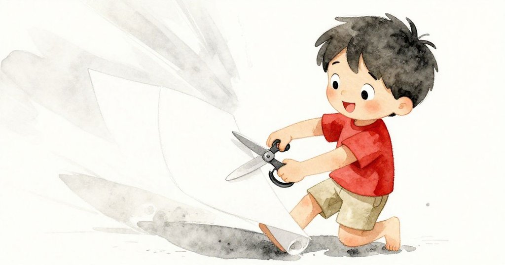 米洛以傾斜角度展示摺紙與剪裁的動作，畫面動感十足，他專注中帶著探索的喜悅。