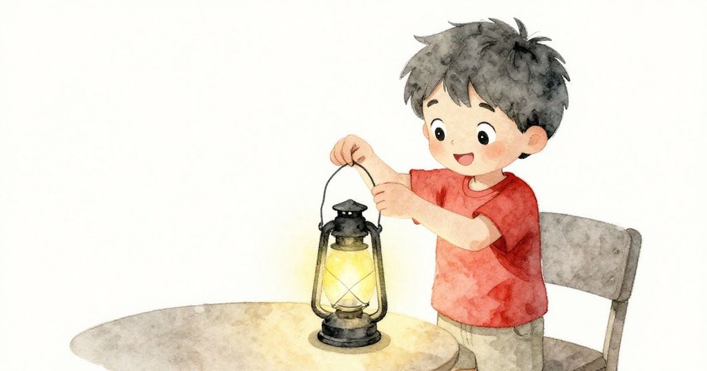 米洛專心綁上燈籠的繩子，台燈柔光映照下，他滿懷自豪與喜悅，細緻展現手工創作的美好瞬間。