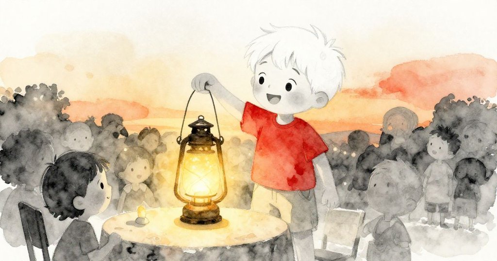 米洛在夕陽金光中舉起發光燈籠，溫柔光線映襯下，他滿懷滿足與期待，燈籠節氛圍悄然展開。