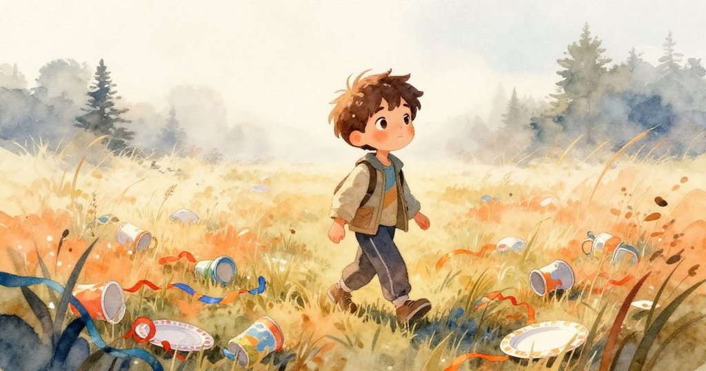 黎歐在晨霧中走過鋪滿拋棄杯盤和彩帶的草地,表情充滿好奇,柔和晨光灑落在廣闊田野上。