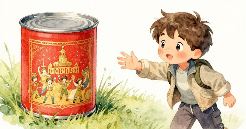 黎歐伸手拾起一個帶有紅金遊行圖案的小錫罐,草地上露珠閃爍,神情充滿好奇與驚喜。